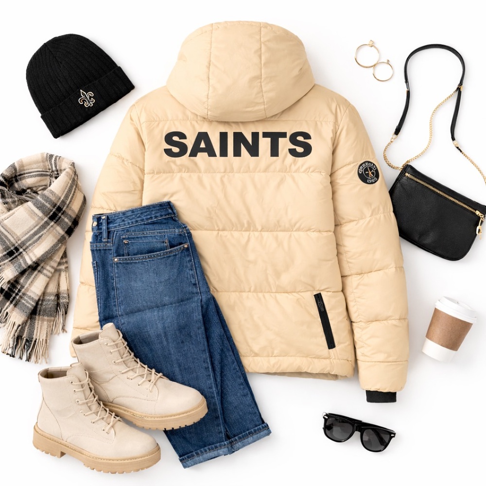New Orleans Saints Erin Andrews Gold Puffer Jacket Women’s Medium Hooded NFL